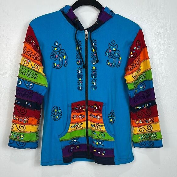 The Collection Royal Colorful Rainbow Sleeved Flower Patch Hoodie Size SP - Picture 1 of 6